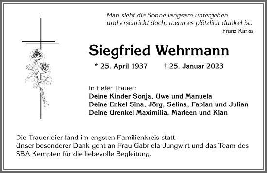Traueranzeige von Siegfried Wehrmann von Allgäuer Zeitung,Kempten