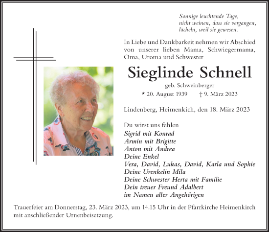 Traueranzeige von Sieglinde Schnell von Der Westallgäuer