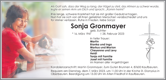 Traueranzeige von Sonja Gronmayer von Allgäuer Zeitung, Kaufbeuren/Buchloe