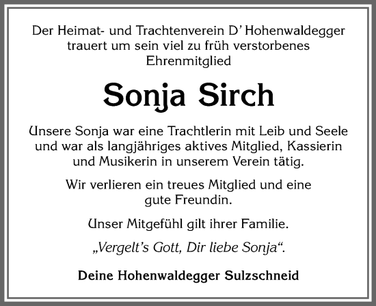 Traueranzeige von Sonja Sirch von Allgäuer Zeitung, Marktoberdorf