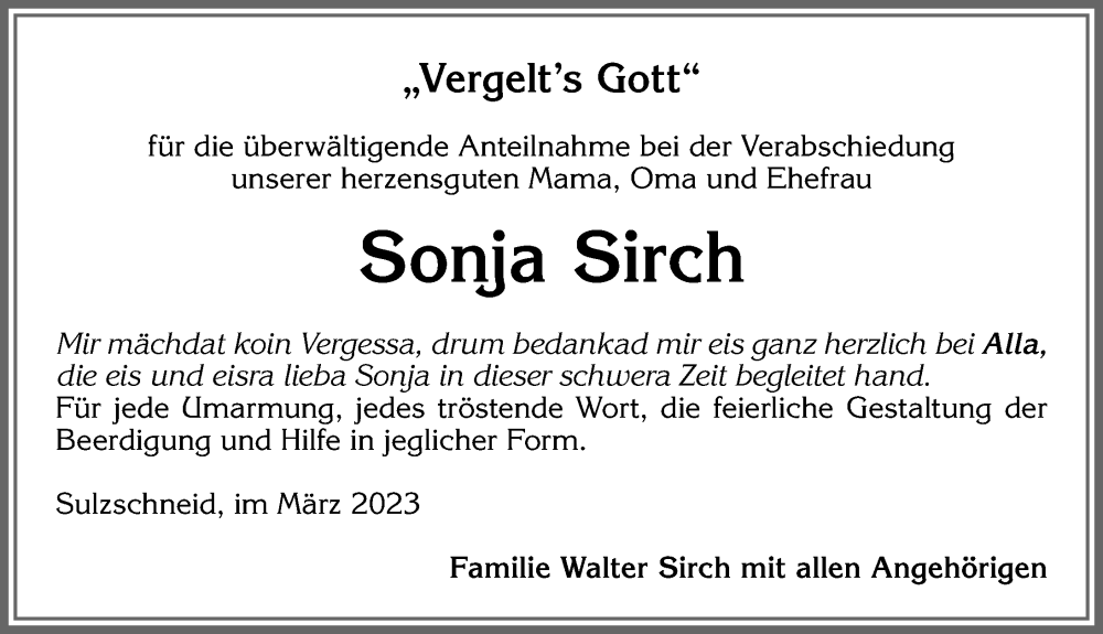  Traueranzeige für Sonja Sirch vom 11.03.2023 aus Allgäuer Zeitung, Marktoberdorf