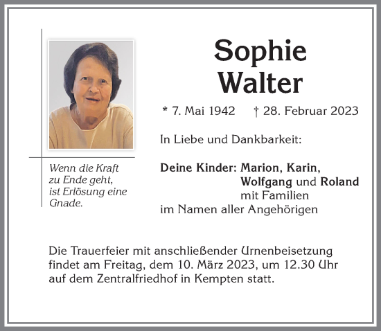 Traueranzeige von Sophie Walter von Allgäuer Zeitung,Kempten