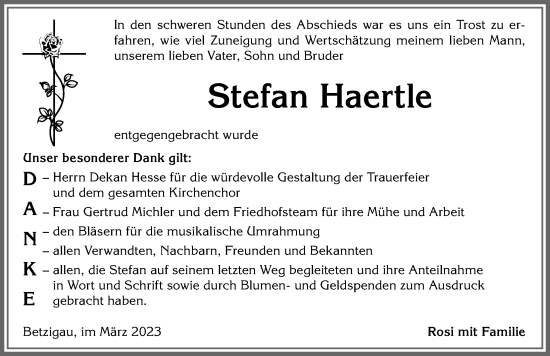 Traueranzeige von Stefan Haertle von Allgäuer Zeitung,Kempten
