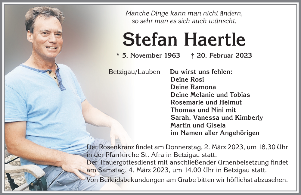  Traueranzeige für Stefan Haertle vom 01.03.2023 aus Allgäuer Anzeigeblatt