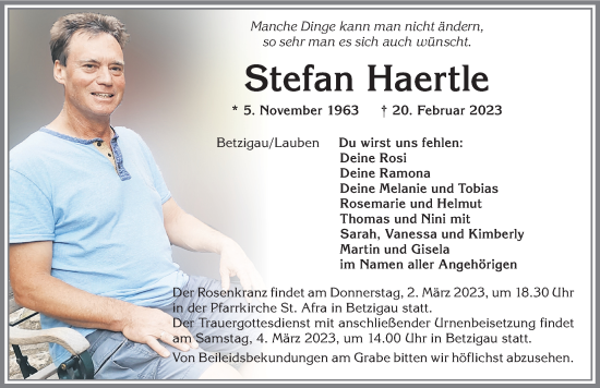 Traueranzeige von Stefan Haertle von Allgäuer Anzeigeblatt