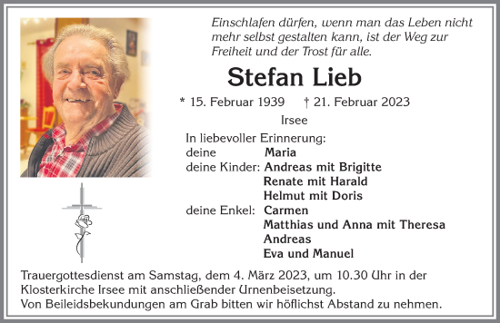 Traueranzeige von Stefan Lieb von Allgäuer Zeitung, Kaufbeuren/Buchloe