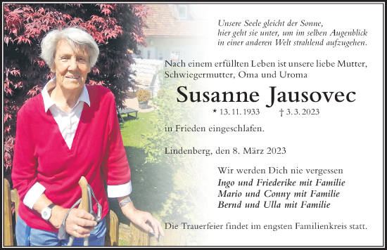 Traueranzeige von Susanne Jausovec von Der Westallgäuer