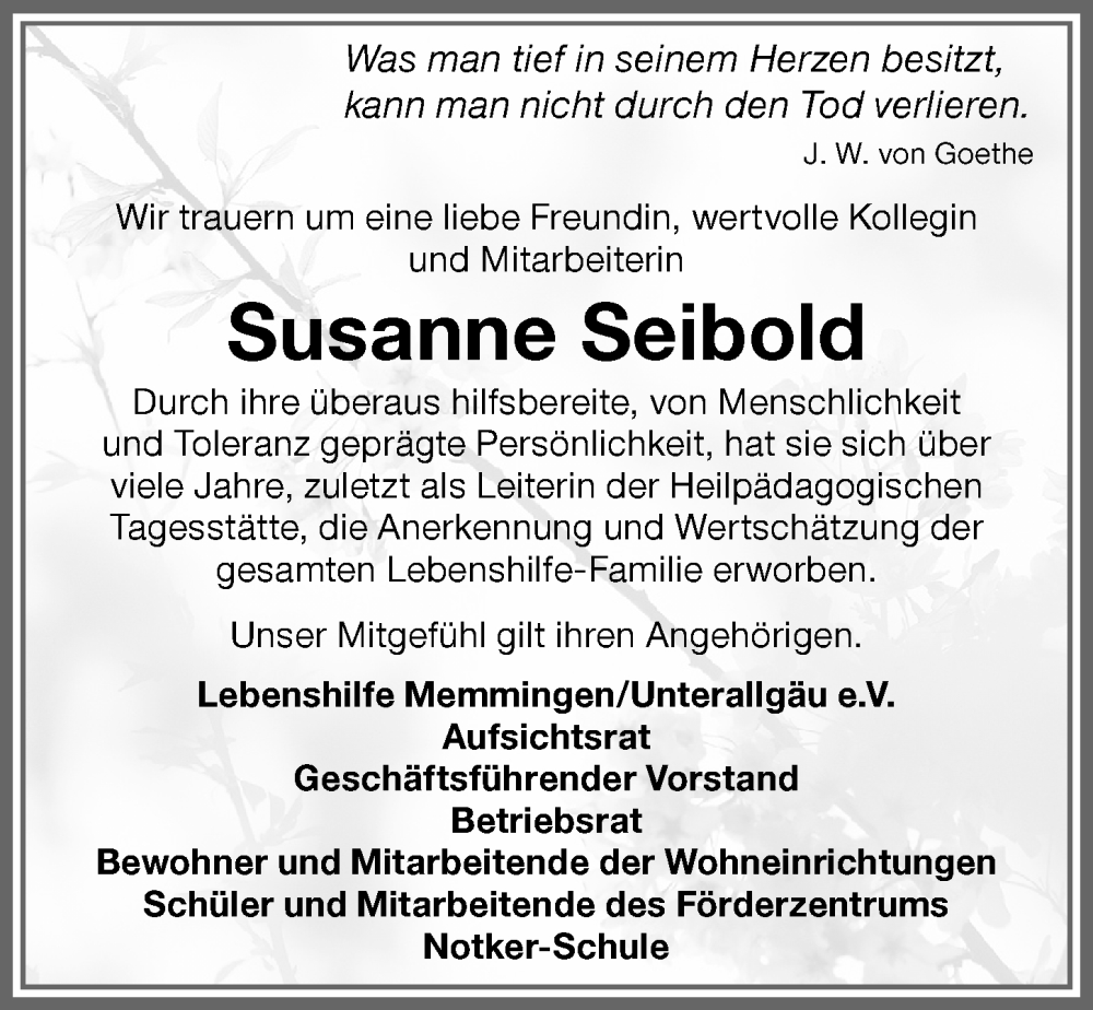  Traueranzeige für Susanne Seibold vom 25.03.2023 aus Memminger Zeitung