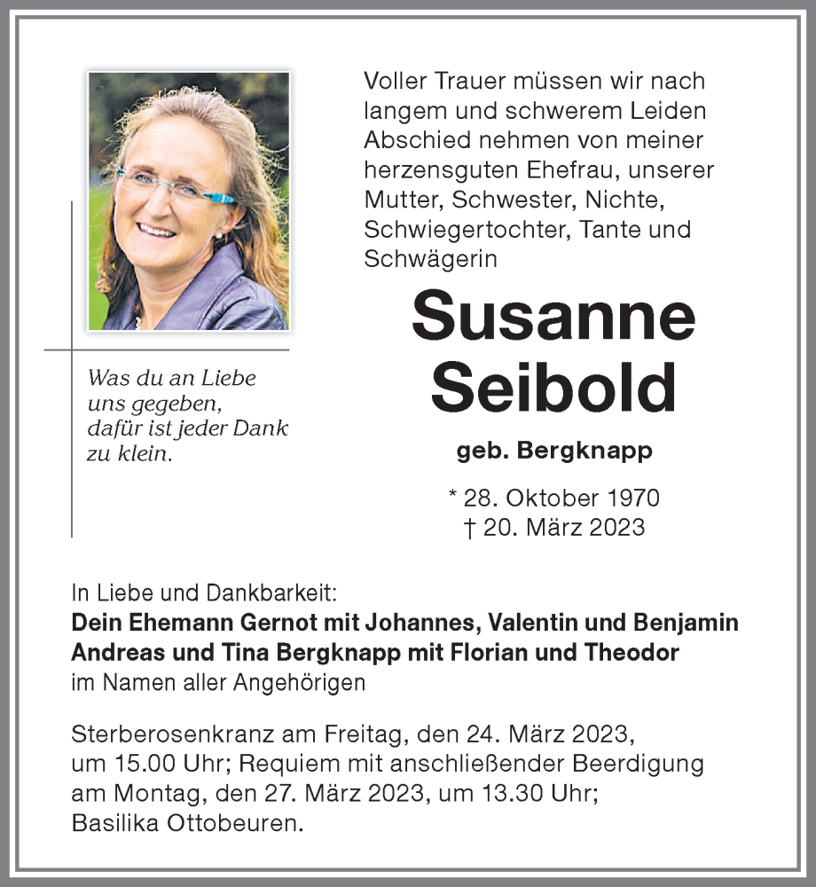  Traueranzeige für Susanne Seibold vom 23.03.2023 aus Allgäuer Zeitung, Kaufbeuren/Buchloe