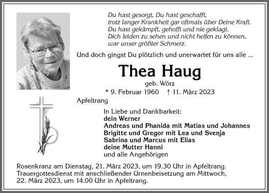 Traueranzeige von Thea Haug von Allgäuer Zeitung, Marktoberdorf