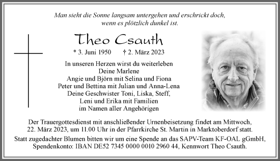 Traueranzeige von Theo Csauth von Allgäuer Zeitung, Marktoberdorf