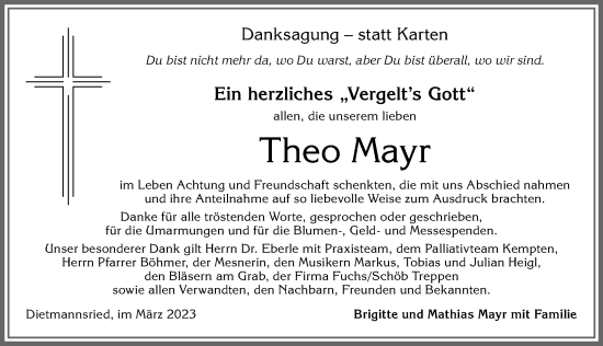 Traueranzeige von Theo Mayr von Allgäuer Zeitung,Kempten