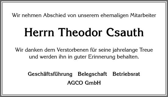 Traueranzeige von Theodor Csauth von Allgäuer Zeitung, Marktoberdorf