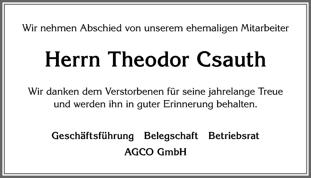  Traueranzeige für Theodor Csauth vom 22.03.2023 aus Allgäuer Zeitung, Marktoberdorf