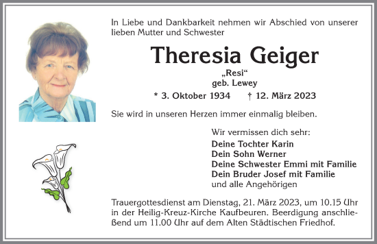 Traueranzeigen von Theresia Geiger | Allgäuer Zeitung