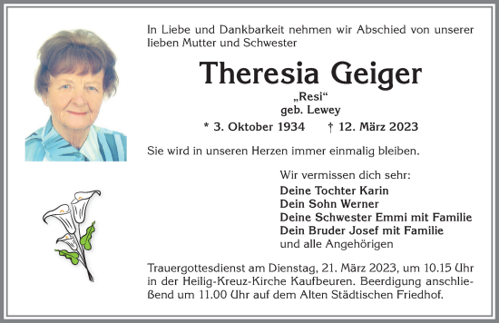 Traueranzeige von Theresia Geiger von Allgäuer Zeitung, Kaufbeuren/Buchloe