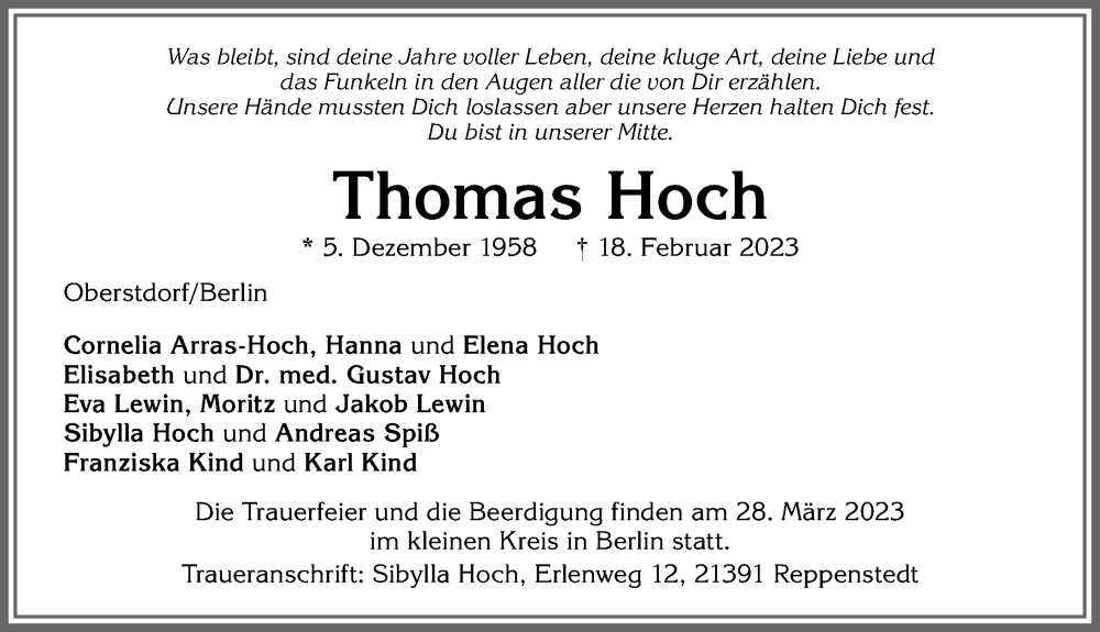  Traueranzeige für Thomas Hoch vom 18.03.2023 aus Allgäuer Anzeigeblatt