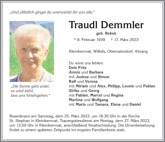 Traueranzeige von Traudl Demmler von Allgäuer Zeitung, Marktoberdorf