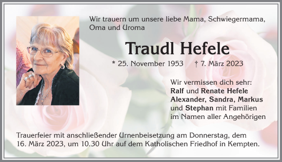Traueranzeige von Traudl Hefele von Allgäuer Zeitung,Kempten