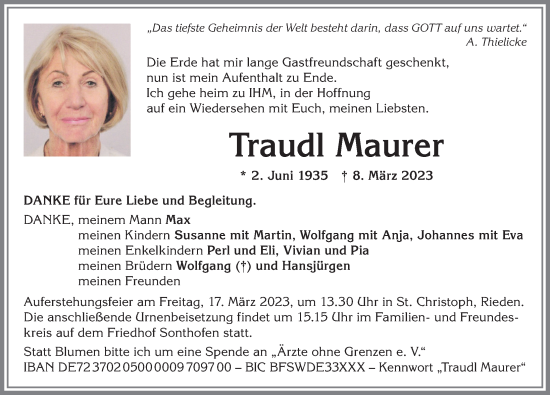 Traueranzeige von Traudl Maurer von Allgäuer Anzeigeblatt