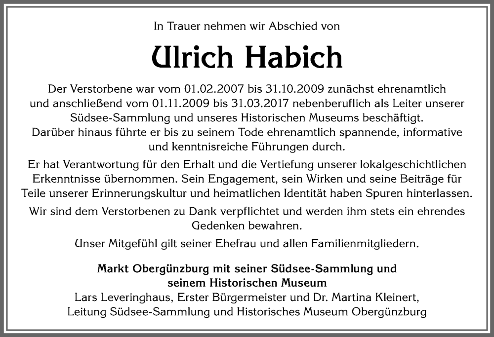  Traueranzeige für Ulrich Habich vom 28.03.2023 aus Allgäuer Zeitung, Marktoberdorf