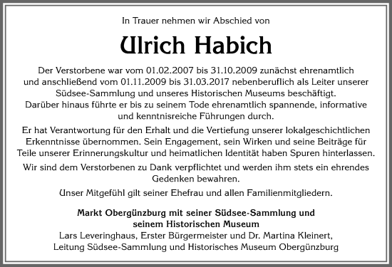 Traueranzeige von Ulrich Habich von Allgäuer Zeitung, Marktoberdorf