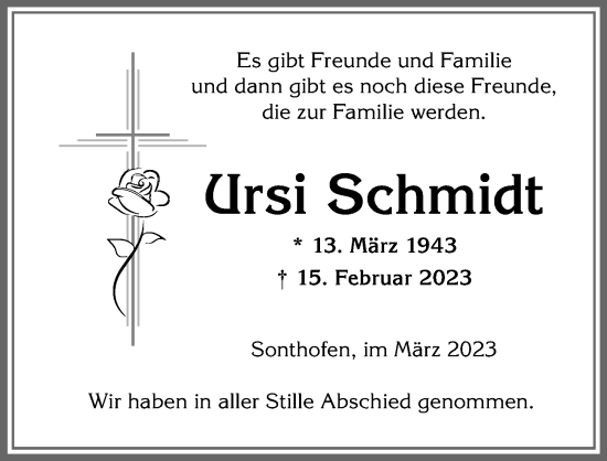 Traueranzeige von Ursi Schmidt von Allgäuer Anzeigeblatt
