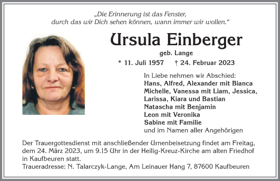 Traueranzeige von Ursula Einberger von Allgäuer Zeitung, Kaufbeuren/Buchloe