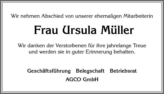 Traueranzeige von Ursula Müller von Allgäuer Zeitung, Marktoberdorf