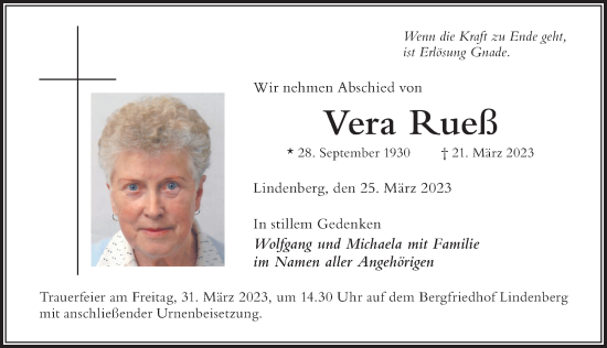 Traueranzeige von Vera Rueß von Der Westallgäuer