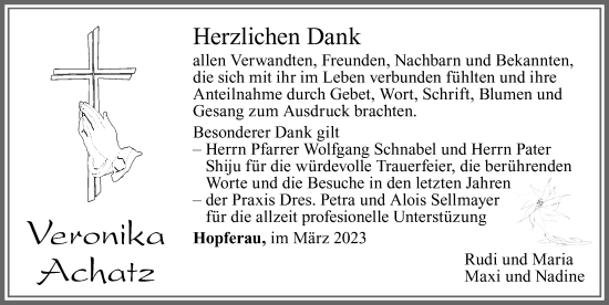 Traueranzeige von Veronika Achatz von Allgäuer Zeitung, Füssen