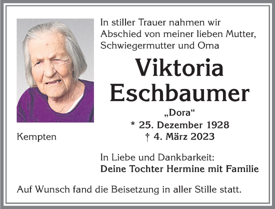 Traueranzeige von Viktoria Eschbaumer von Allgäuer Zeitung,Kempten