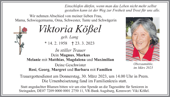 Traueranzeige von Viktoria Kößel von Allgäuer Zeitung, Füssen