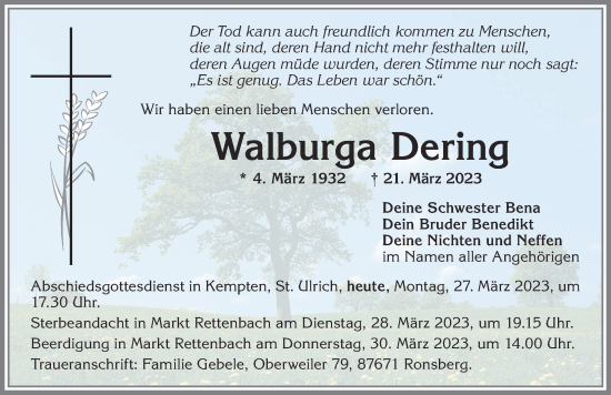 Traueranzeige von Walburga Dering von Memminger Zeitung