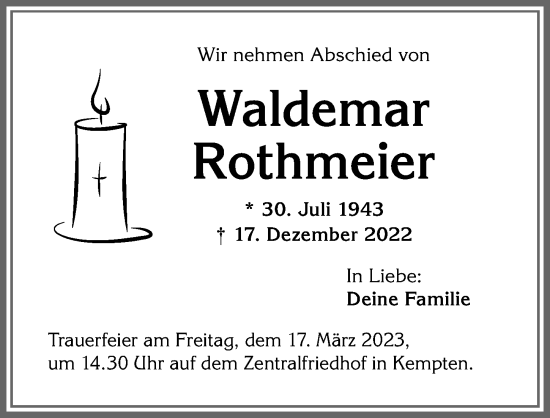 Traueranzeige von Waldemar Rothmeier von Allgäuer Zeitung,Kempten