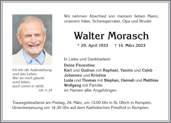 Traueranzeige von Walter Morasch von Allgäuer Zeitung,Kempten