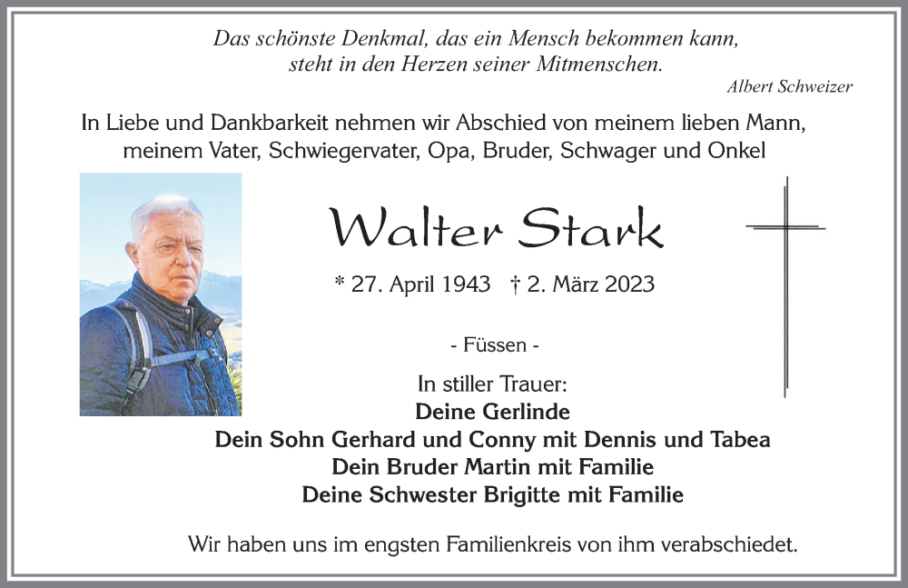  Traueranzeige für Walter Stark vom 21.03.2023 aus Allgäuer Zeitung, Füssen