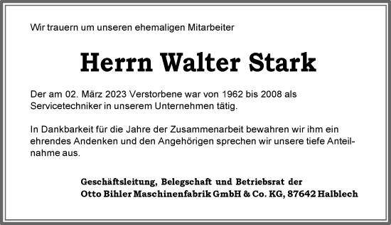 Traueranzeige von Walter Stark von Allgäuer Zeitung, Füssen