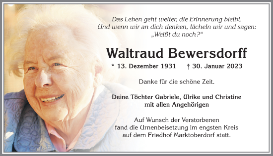 Traueranzeige von Waltraud Bewersdorff von Allgäuer Zeitung, Marktoberdorf