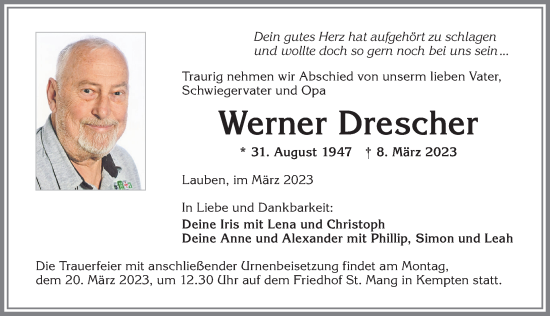 Traueranzeige von Werner Drescher von Allgäuer Zeitung,Kempten