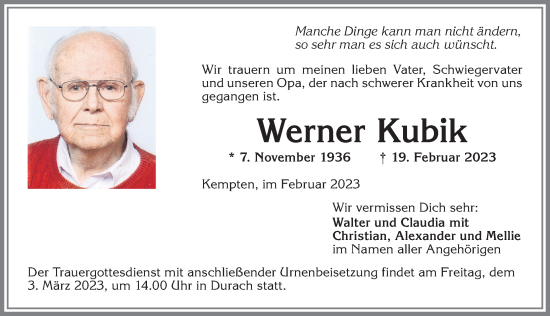Traueranzeige von Werner Kubik von Allgäuer Zeitung,Kempten