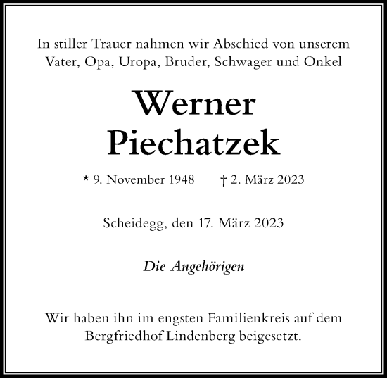 Traueranzeige von Werner Piechatzek von Der Westallgäuer