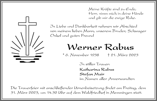Traueranzeige von Werner Rabus von Memminger Zeitung