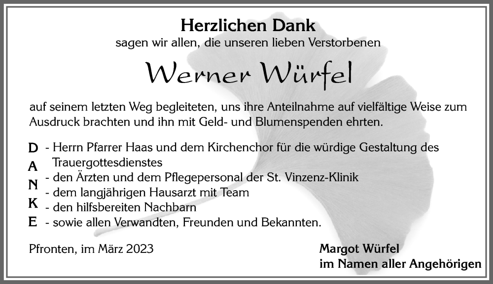 Traueranzeige für Werner Würfel vom 31.03.2023 aus Allgäuer Zeitung, Füssen