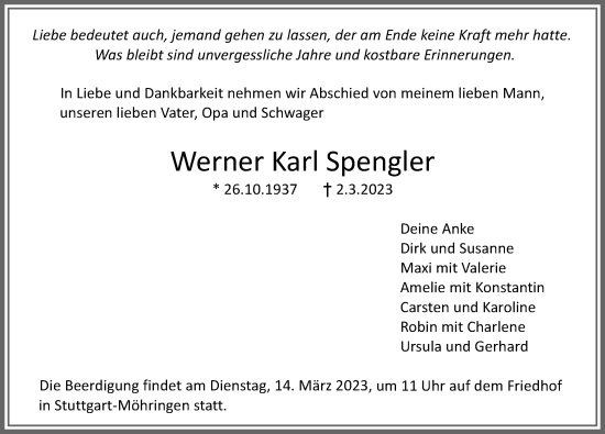Traueranzeige von Werner Karl Spengler von Allgäuer Zeitung, Füssen
