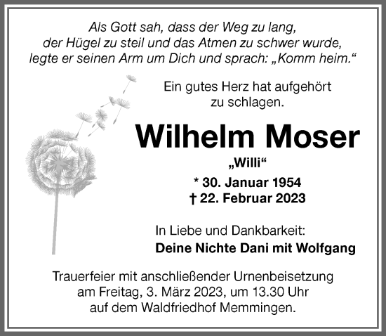 Traueranzeige von Wilhelm Moser von Memminger Zeitung