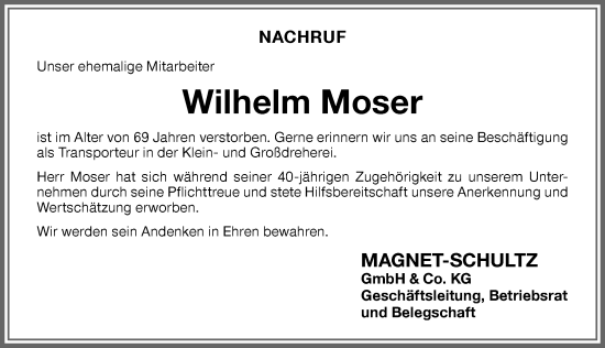 Traueranzeige von Wilhelm Moser von Memminger Zeitung