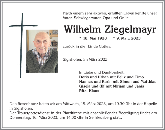 Traueranzeige von Wilhelm Ziegelmayr von Allgäuer Anzeigeblatt