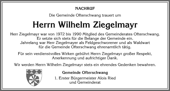 Traueranzeige von Wilhelm Ziegelmayr von Allgäuer Anzeigeblatt