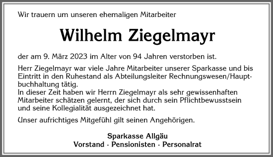 Traueranzeige von Wilhelm Ziegelmayr von Allgäuer Anzeigeblatt